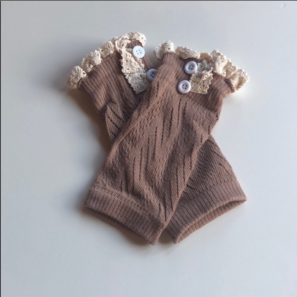 Girls Tan Brown Pointelle Knit Lace Boot Cuffs